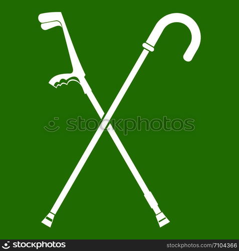 Walking cane icon white isolated on green background. Vector illustration. Walking cane icon green