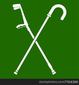 Walking cane icon white isolated on green background. Vector illustration. Walking cane icon green