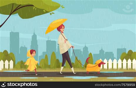 Walking dog in bad weather flat composition with mother child dachshund in raincoats cityscape background vector illustration