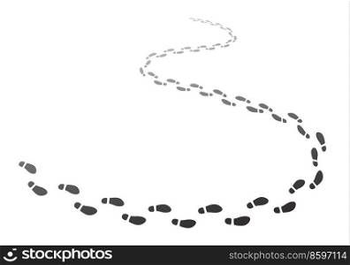 Walking footsteps trace, footprint trail of shoes of foot step prints, vector walk track. Human footsteps path background with black boots footpath or hiking shoeprint pattern on white. Walking footsteps trace, footprint trail of shoes