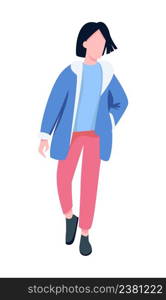 Walking girl in comfy clothes semi flat color vector character. Posing figure. Full body person on white. Park visitor simple cartoon style illustration for web graphic design and animation. Walking girl in comfy clothes semi flat color vector character