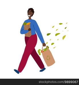 Walking happy african man with purchases in hands and foliage. Buying food and vegetables. Vegetarianism and Zero Waste lifestyle. Vector flat illustration for postcards, banners and your creativity. Walking happy african man with purchases in hands and foliage. Buying food and vegetables. Vegetarianism and Zero Waste lifestyle. Vector flat illustration