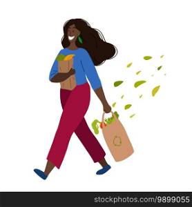 Walking happy african woman with purchases in hands and foliage. Buying food and vegetables. Vegetarianism and Zero Waste lifestyle. Vector flat illustration for postcards, banners and your creativity. Walking happy african woman with purchases in hands and foliage. Buying food and vegetables. Vegetarianism and Zero Waste lifestyle. Vector flat illustration