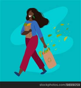 Walking happy african woman with purchases in hands and foliage. Buying food and vegetables. Vegetarianism and Zero Waste lifestyle. Vector flat illustration for postcards, banners and your creativity. Walking happy african woman with purchases in hands and foliage. Buying food and vegetables. Vegetarianism and Zero Waste lifestyle. Vector flat illustration