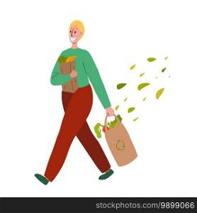 Walking happy man with purchases in hands and foliage. Buying food and vegetables. Vegetarianism and Zero Waste lifestyle. Vector flat illustration for postcards, banners and your creativity.. Walking happy man with purchases in hands and foliage. Buying food and vegetables. Vegetarianism and Zero Waste lifestyle. Vector flat illustration