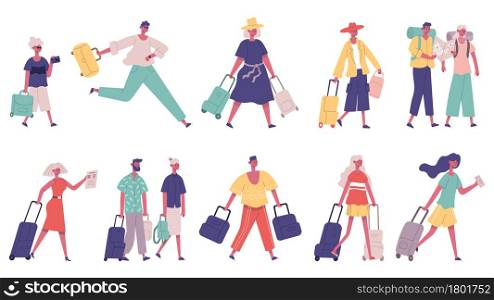 Walking hurrying male and female tourist group characters. Tourists in airport with bags, suitcases vector illustration set. Tourists characters walking with tickets, camera and map. Walking hurrying male and female tourist group characters. Tourists in airport with bags, suitcases vector illustration set. Tourists characters walking