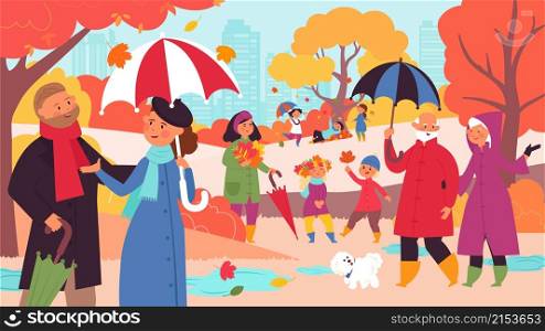 Walking in autumn park. Modern couple, fall forest people and children jumping in yellow leaves. Cartoon city november decent vector landscape. Illustration autumn park with walking people. Walking in autumn park. Modern couple, fall forest people and children jumping in yellow leaves. Cartoon city november decent vector landscape