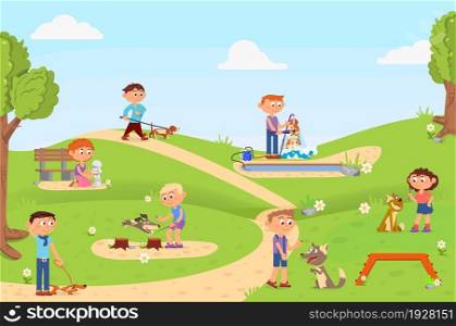 Walking in park. Outdoor dog playground, children walk with pets. Boy wash puppy, kids training dogs. Cartoon active characters decent vector scene. Illustration of public playground, people and dog. Walking in park. Outdoor dog playground, children walk with pets. Boy wash puppy, kids training dogs. Cute cartoon active characters decent vector scene