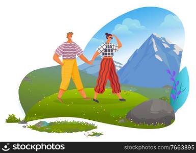 Walking man and woman holding hands. Boyfriend and girlfriend on vacation spending time in mountains. Male and female wearing light summer clothes. Personages in love outdoors vector in flat. Couple on Vacation Relaxing in Mountains Vector