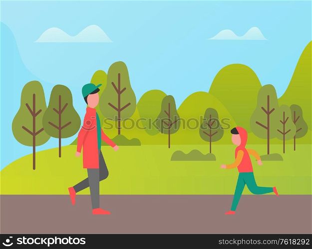 Walking man in park, running boy in sportwear, side and full length view of passerby. People going outdoor, cloudy sky and green trees, lifestyle vector. People Walking Outdoor, Healthy Lifestyle Vector