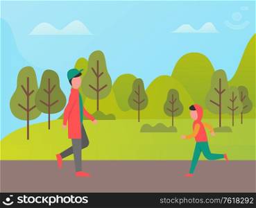 Walking man in park, running boy in sportwear, side and full length view of passerby. People going outdoor, cloudy sky and green trees, lifestyle vector. People Walking Outdoor, Healthy Lifestyle Vector