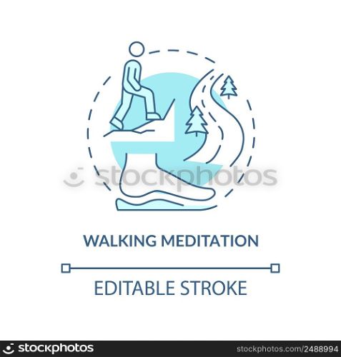 Walking meditation turquoise concept icon. Mindfulness technique abstract idea thin line illustration. Connect with nature. Isolated outline drawing. Editable stroke. Arial, Myriad Pro-Bold fonts used. Walking meditation turquoise concept icon