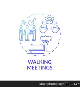 Walking meetings concept icon. Workplace wellness idea thin line illustration. Getting fresh air. Improving employee health. Physical activity integration. Vector isolated outline RGB color drawing. Walking meetings concept icon