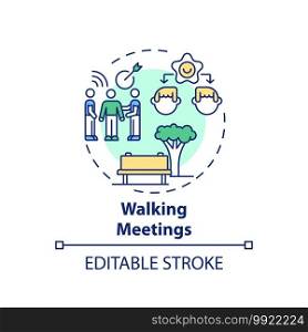 Walking meetings concept icon. Workplace wellness idea thin line illustration. Walking with colleagues. Physical activity integration. Vector isolated outline RGB color drawing. Editable stroke. Walking meetings concept icon