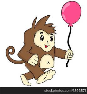 walking monkey carrying balloons. cartoon illustration cute sticker