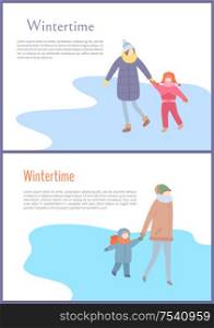 Walking mum with kid in wintertime in down-jacket and winter-suit with scarf and mittens with hat. Set of cards with text and people in warm clothes vector. Walking Mother with Child in Wintertime Vector