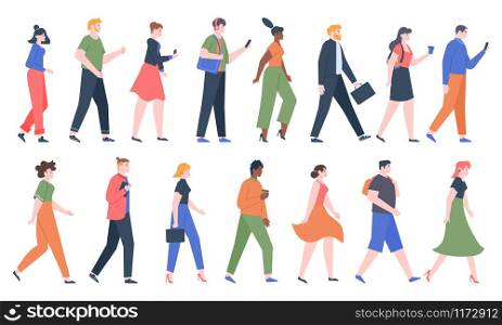 Walking people. Business men and women walk side profiles, people in seasonal and office clothes. Young and elderly moving stylish characters. Walkers isolated vector illustration icons set. Walking people. Business men and women walk side profiles, people in seasonal and office clothes. Young and elderly moving stylish characters vector illustration set