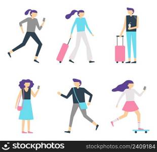 Walking people. Female and male characters lifestyle, girl running and using smartphone, skateboarding. Boy and girl traveling with suitcases. Teenagers in casual outfit vector set. Walking people. Female and male characters lifestyle, girl running and using smartphone, skateboarding