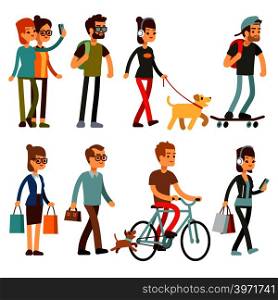 Walking people. Human persons on street in outdoor activity vector set. People woman and man, illustration of people walking and cycling. Walking people. Human persons on street in outdoor activity vector set
