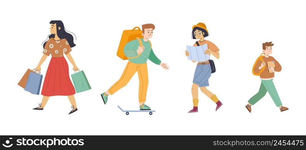 Walking people isolated on white background. Girl with bags, woman with map, man with backpack on skateboard and boy student. Vector flat illustration of kid go to school, delivery man, girl tourist. Walking people, tourist, delivery man, student