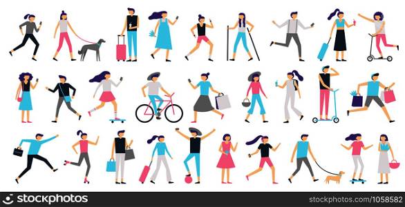 Walking people. Man and woman walk with dog at city, girl looking at smartphone and boy with skateboard, person on bicycle. Outdoors people active flat vector isolated illustration icons set. Walking people. Man and woman walk with dog at city, girl looking at smartphone and boy with skateboard vector isolated illustration