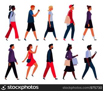 Walking people. Men and women profile, side view walk person and walkers characters. Businessman go work or casual look women go shopping. Isolated vector illustration icons set. Walking people. Men and women profile, side view walk person and walkers characters vector illustration set
