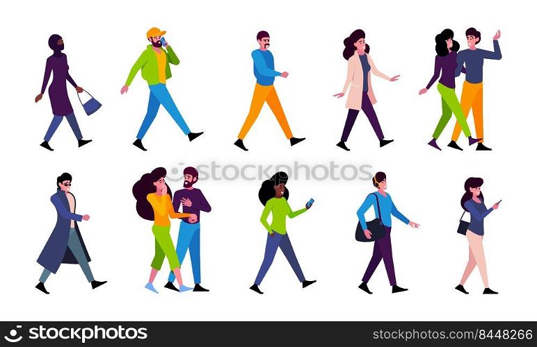 Walking people. Outdoor characters male and female happy couples walking garish vector flat persons. Illustration of character female and male on foot. Walking people. Outdoor characters male and female happy couples walking garish vector flat persons