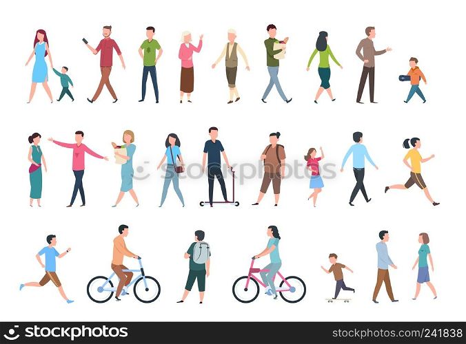 Walking people. Persons in casual clothes, crowd walks in city. Vector human characters isolated set. Walking people. Persons in casual clothes, crowd walks in city. Vector human characters set