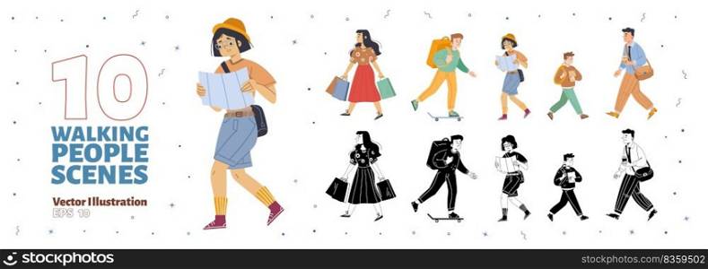 Walking people scenes set. Woman with shopping bags, girl tourist with map, delivery man with backpack on skateboard, school boy and businessman, vector black and white, colored sketch illustration. Walking people, men, women and boy
