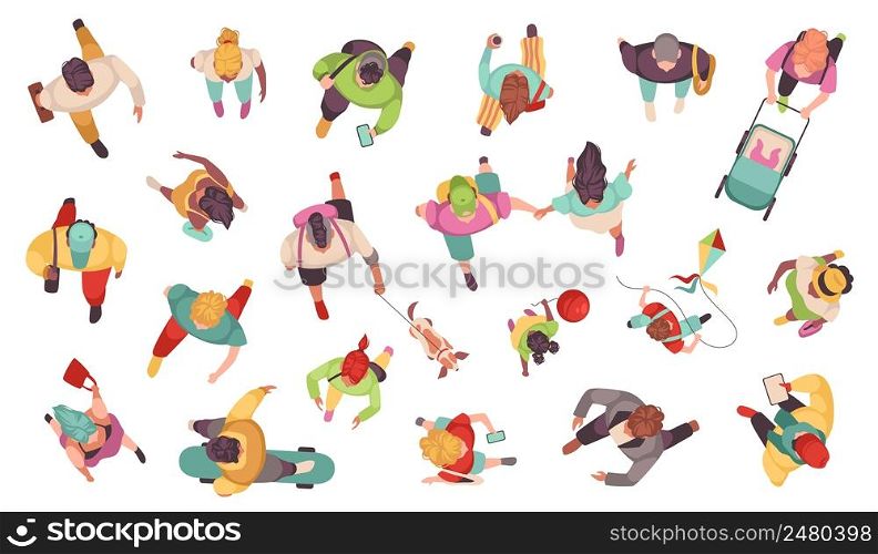 Walking people top view. Different men, women and children, casual modern clothes, persons with pets, stroller with baby, using gadget, riding a skateboard, vector cartoon flat style isolated set. Walking people top view. Different men, women and children, casual modern clothes, persons with pets, stroller with baby, using gadget, riding a skateboard, vector cartoon flat set