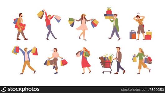 Walking people with bags vector, shopping man and woman holding packages with presents. Cart with bear plush toy, holiday celebration, shopaholics. Shopping People, Man and Woman with Bags Happy