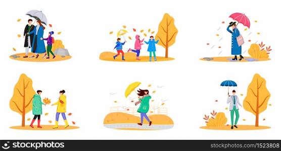 Walking people with umbrellas flat color vector faceless characters set. Autumn nature. Rainy day. Wet weather. Caucasian humans. Men and women isolated cartoon illustrations on white background