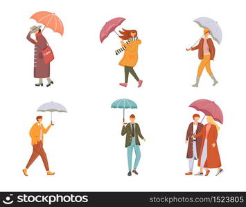 Walking people with umbrellas flat color vector faceless characters set. Rainy day. Wet weather. Caucasian humans. Men and women isolated cartoon illustrations on white background