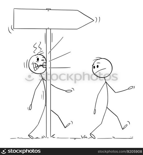 Walking person or businessman hit the sign, vector cartoon stick figure or character illustration.. Person or businessman Hit the Sign, Vector Cartoon Stick Figure Illustration