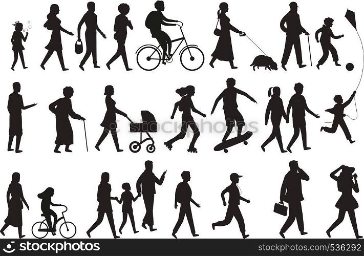 Walking persons silhouette. Group people young woman lady and child walking family isolated vector black set