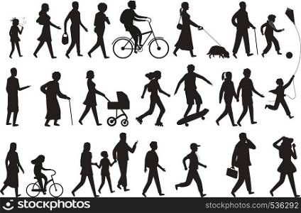 Walking persons silhouette. Group people young woman lady and child walking family isolated vector black set