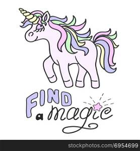 Walking pink unicorn with yellow horn and Find a magic lettering on the white background
