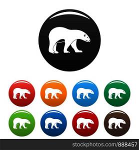 Walking polar bear icons set 9 color vector isolated on white for any design. Walking polar bear icons set color