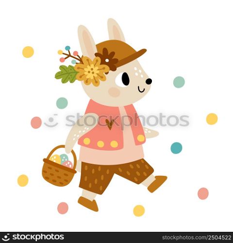 Walking rabbit with egg basket. Cute forest animal isolated on white background. Walking rabbit with egg basket. Cute forest animal