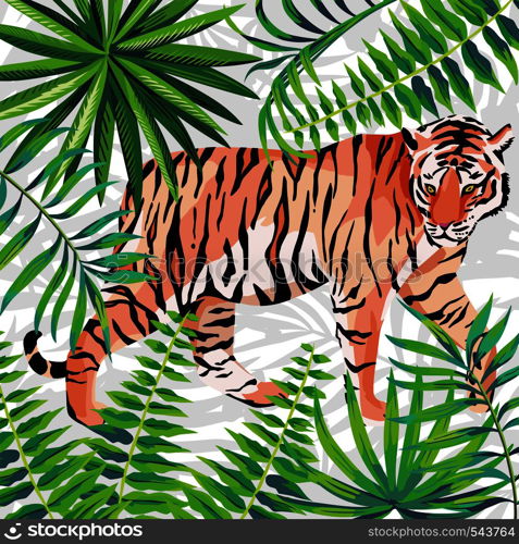 Walking tiger in the jungle with green leaves. Beautiful tropical wallpaper