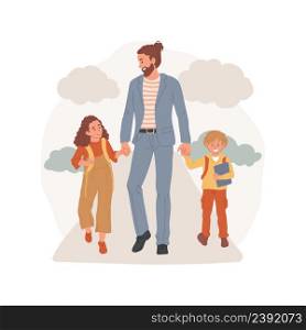 Walking to school together isolated cartoon vector illustration Man in suit walking with two kids holding hands, children with backpacks, family daily routine, going to school vector cartoon.. Walking to school together isolated cartoon vector illustration