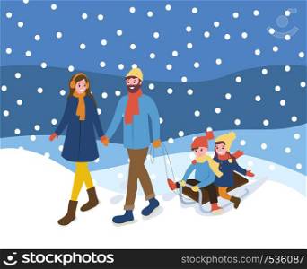 Walking together man and woman outdoor in hat and jacket with mittens and colorful trousers. Father holding sleigh with sitting cheerful children vector. Family Walking with Sleigh, Snowing Outdoor Vector