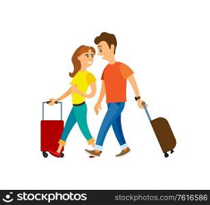 Walking tourists with baggage vector, couple on journey vacation of people. Man and woman relaxing together, travelers with luggage and suitcases. People Traveling, Man Woman with Luggage Walking