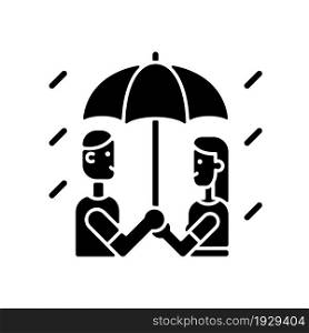 Walking under rain black glyph icon. Couple under umbrella in rainy weather. Sharing umbrella with girlfriend, boyfriend. Silhouette symbol on white space. Vector isolated illustration. Walking under rain black glyph icon