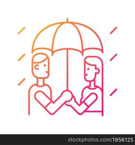 Walking under rain gradient linear vector icon. Couple under umbrella. Sharing umbrella with girlfriend, boyfriend. Thin line color symbol. Modern style pictogram. Vector isolated outline drawing. Walking under rain gradient linear vector icon