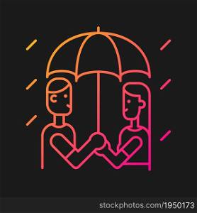 Walking under rain gradient vector icon for dark theme. Couple under umbrella in rainy weather. Sharing umbrella. Thin line color symbol. Modern style pictogram. Vector isolated outline drawing. Walking under rain gradient vector icon for dark theme