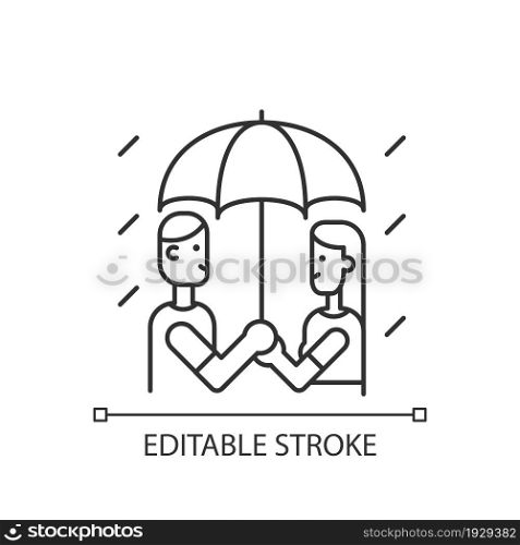 Walking under rain linear icon. Couple under umbrella in rainy weather. Sharing umbrella. Thin line customizable illustration. Contour symbol. Vector isolated outline drawing. Editable stroke. Walking under rain linear icon