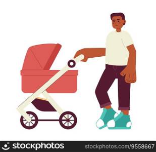 Walking with baby inside carriage flat concept vector spot illustration. Father pushes baby stroller 2D cartoon character on white for web UI design. Isolated editable creative hero image. Walking with baby inside carriage flat concept vector spot illustration