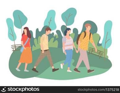 Walking young people. Men and women in colorful clothes in different poses stand and go about their business. Vector illustration. Walking young people. Men and women in colorful clothes in different poses stand and go about their business. Vector