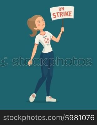 Walkout Woman Illustration . Walkout woman with strike placard on blue background cartoon vector illustration